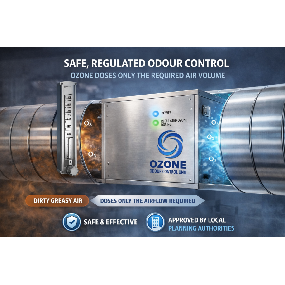 Airflow-regulated ozone odour control unit installed in commercial kitchen extract duct